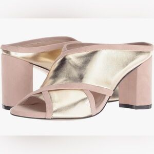 Stuart Weitzman Sam 75 Metallic Gold and Blush Suede Mule Heels NIB Ret $475 7M